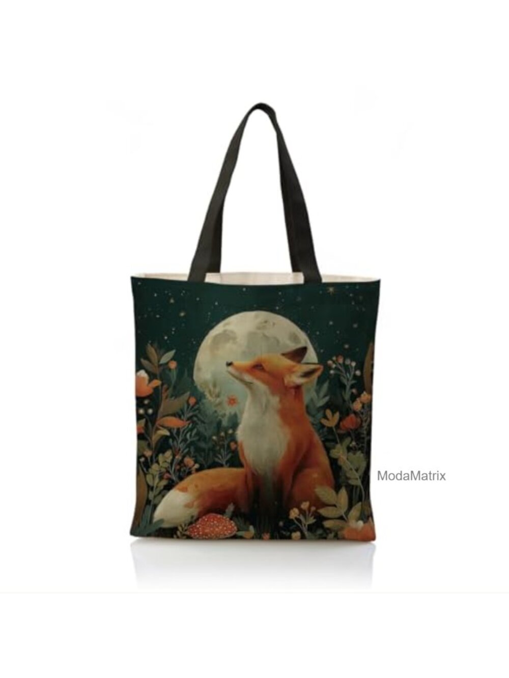 Canvas Tote Bag Boho Fox Moon Forest Floral Print Shoulder Bag Reusable